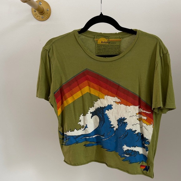 Super Rare Aviator Nation Olive Green Tee with Vibrant Wave Graphic SM - Picture 1 of 10